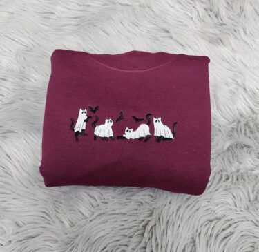 Embroidery Ghost Cat Halloween Sweatshirt, Hoodie, T-shirt