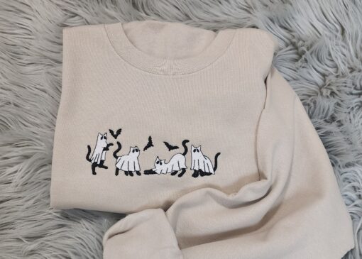 Embroidery Ghost Cat Halloween Sweatshirt, Hoodie, T-shirt