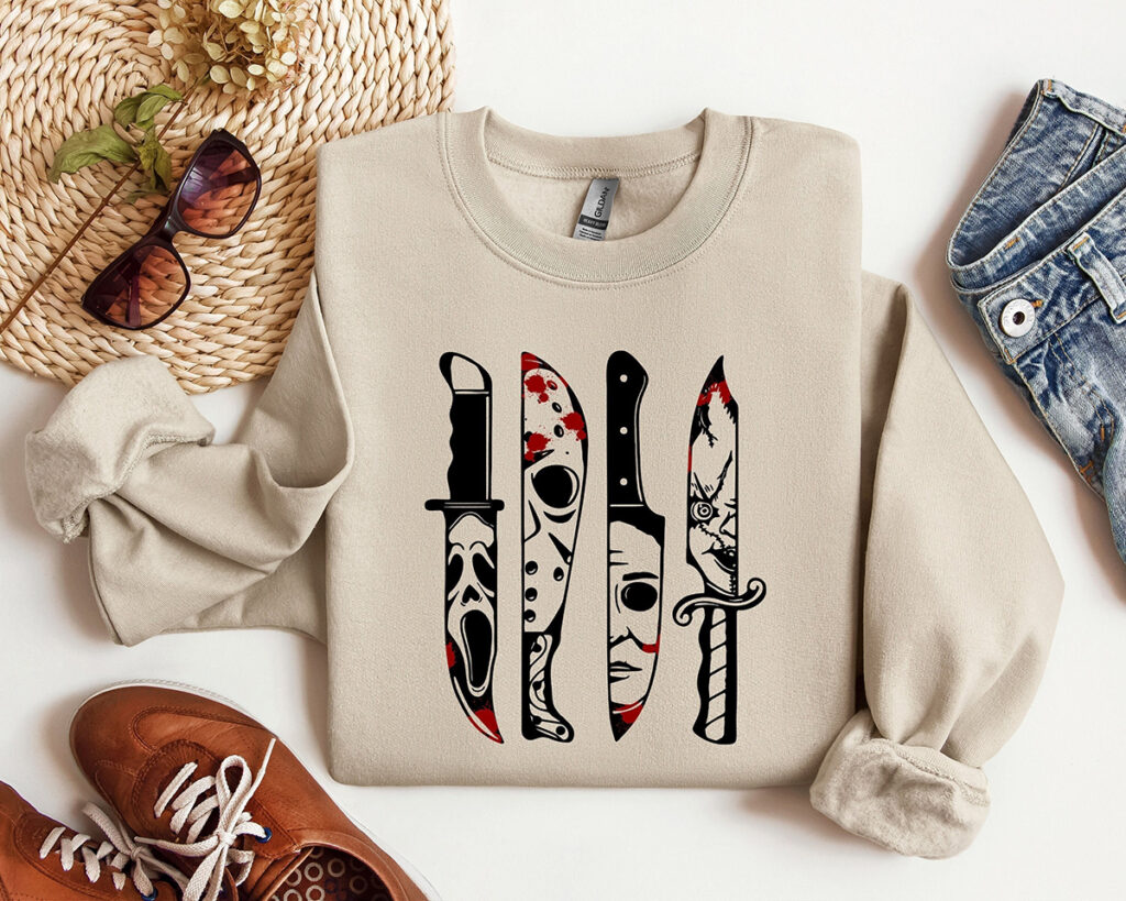 Horror Movie Characters In Knives Shirt, Crewneck Sweatshirt, Hoodie, T ...