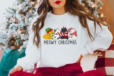 Meowy Christmas Crewneck Sweatshirt, Cat Christmas Hoodie, T-shirt