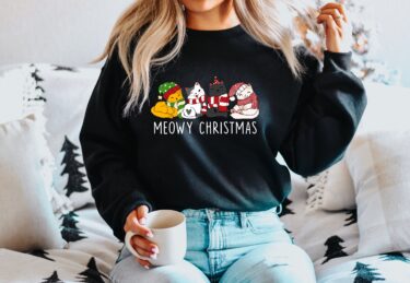 Meowy Christmas Crewneck Sweatshirt, Cat Christmas Hoodie, T-shirt