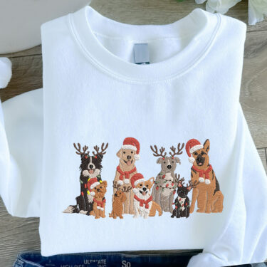 Embroidered Christmas Dog Crewneck Sweatshirt, Hoodie, T-shirt