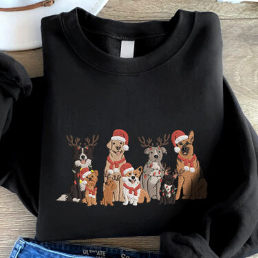 Embroidered Christmas Dog Crewneck Sweatshirt, Hoodie, T-shirt