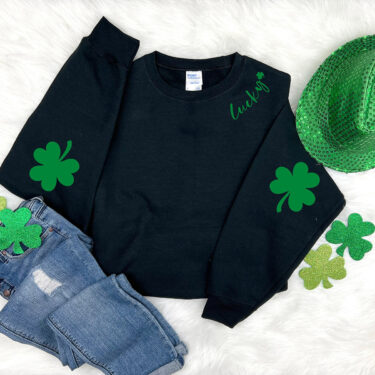 St. Patricks Day Sweatshirt for Women, Lucky Crewneck, Shamrock Elbow Sweatshirt, Armpatch Shamrock Sweatshirt, Irish Sweatshirt, St Pattys