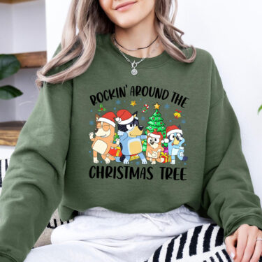 Rockin’ Around The Christmas Tree Bluey Family Sweatshirt, Family Matching Christmas Shirts, Bluey Fans Christmas Gifts