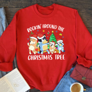 Rockin’ Around The Christmas Tree Bluey Family Sweatshirt, Family Matching Christmas Shirts, Bluey Fans Christmas Gifts