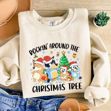 Rockin’ Around The Christmas Tree Bluey Family Sweatshirt, Family Matching Christmas Shirts, Bluey Fans Christmas Gifts